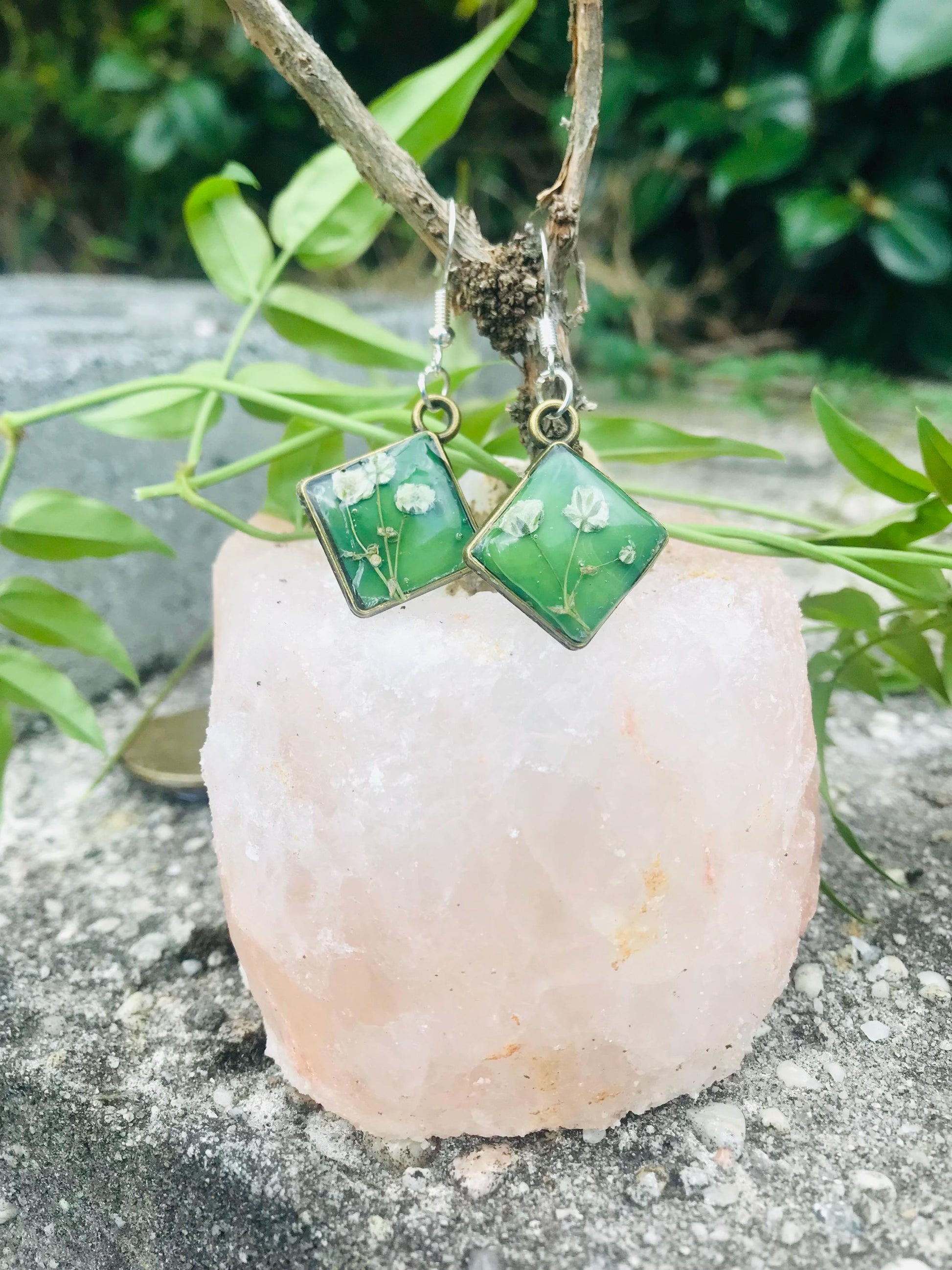 Tiny Flower Green Dangle Earrings