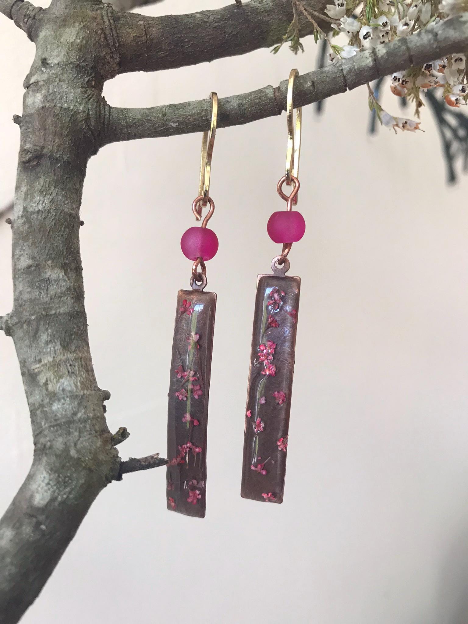 Cherry Blossom Hammered Copper Drop Earrings