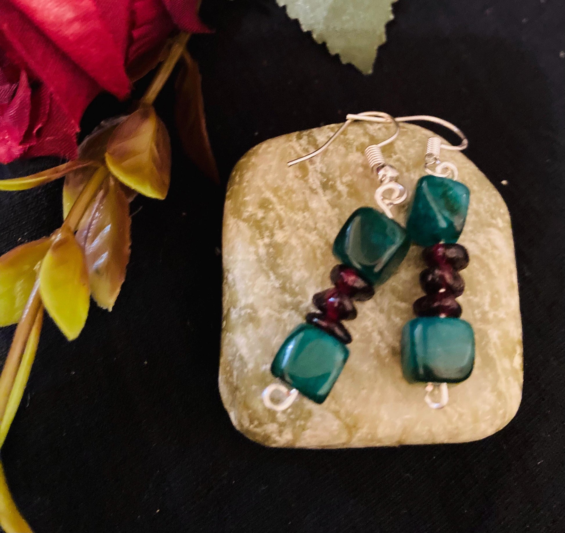 Emerald Agate and Garnet Earrings