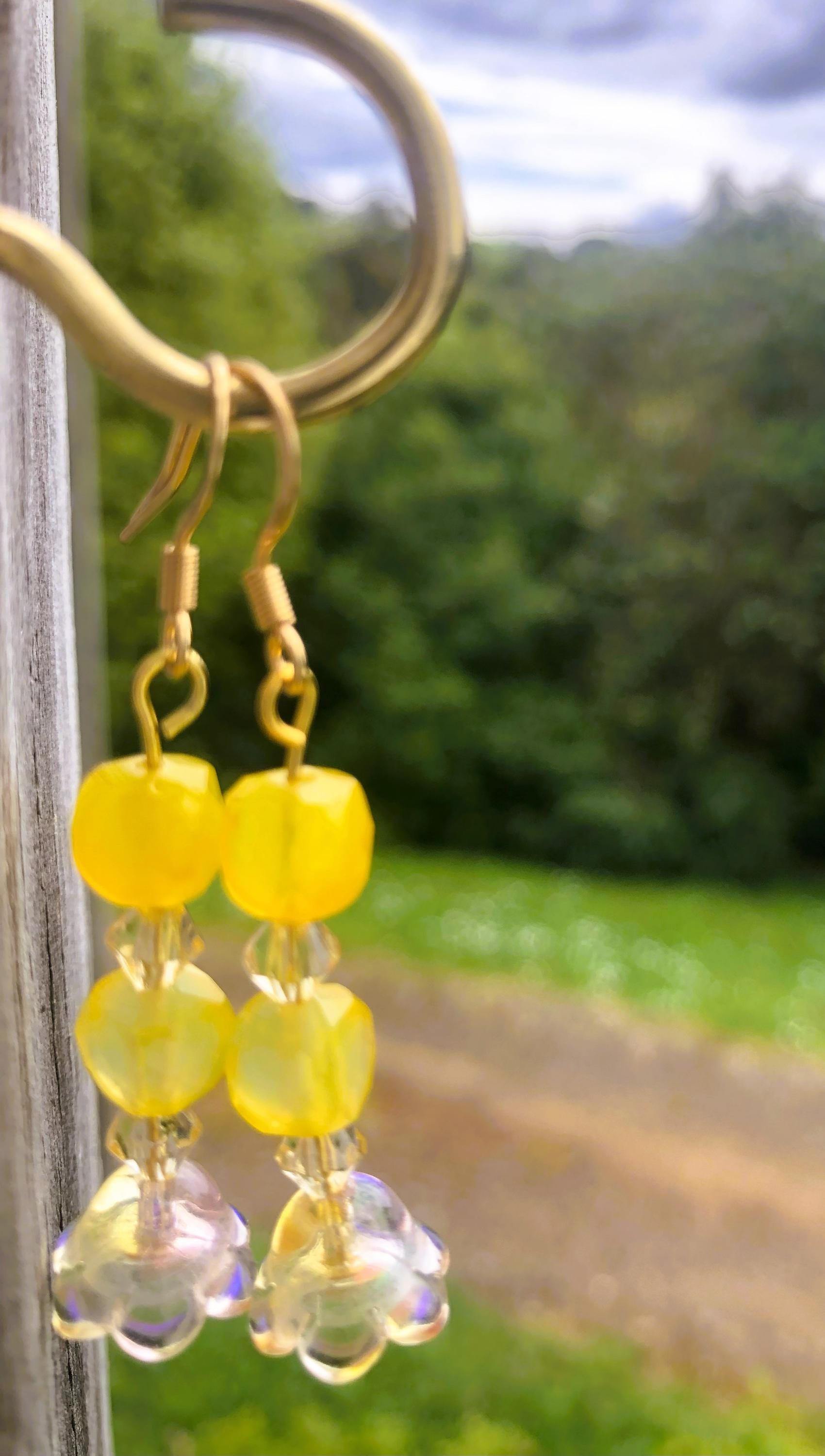 Yellow Agate Silver Flower Dangle Vintage Folk Earrings