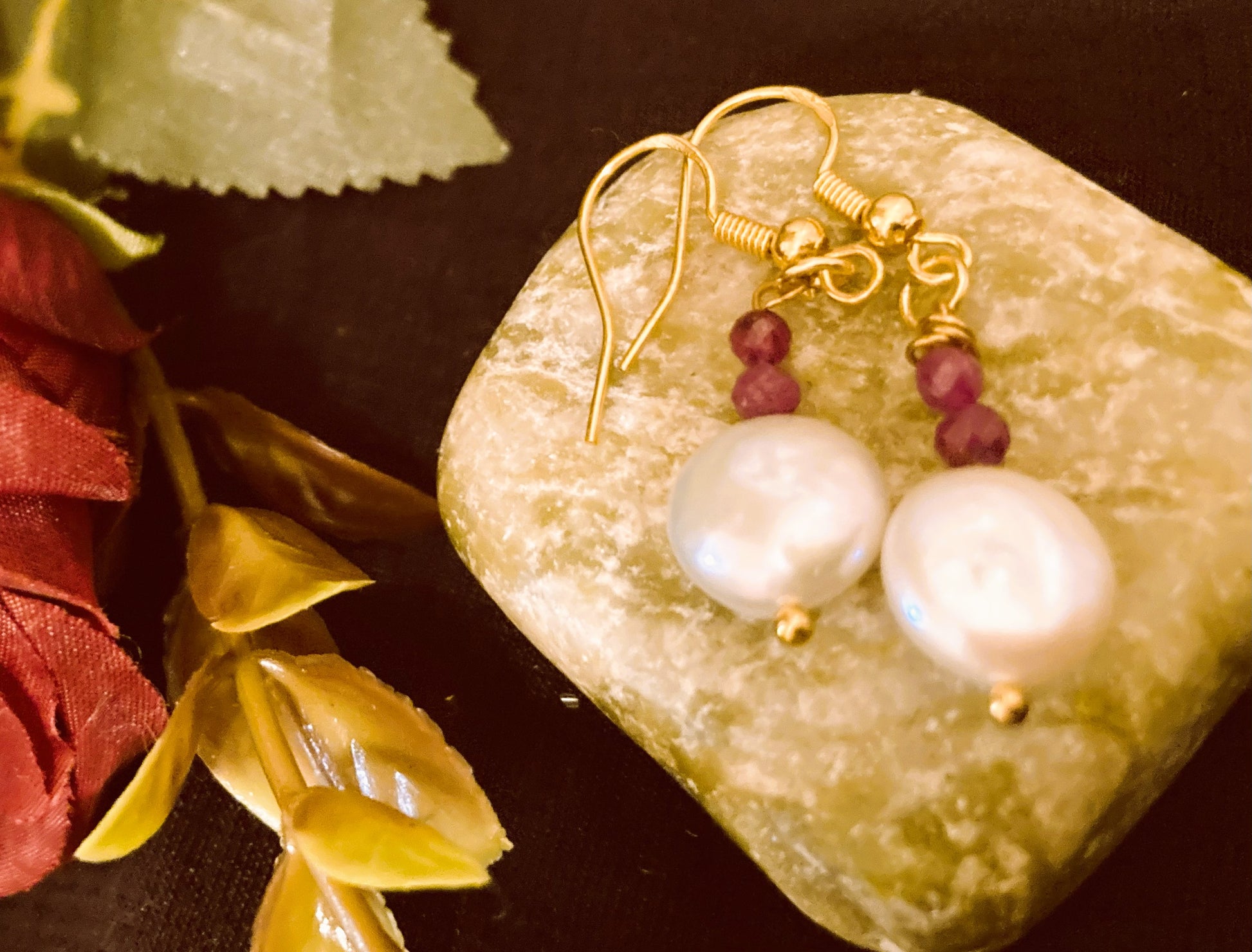 Whimsical Pearl and Ruby Earrings