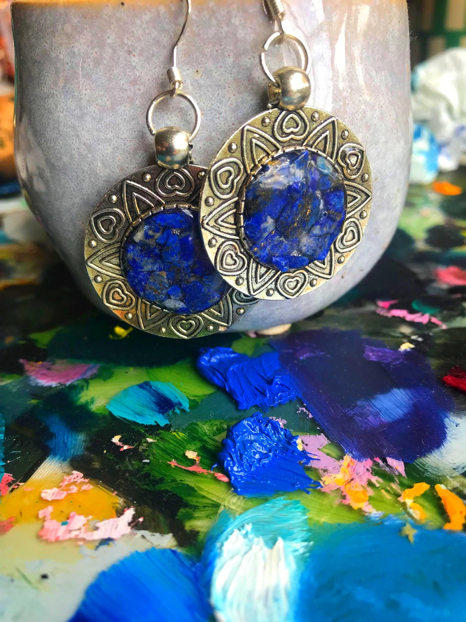 Lapis Lazuli Silver Disc Earrings